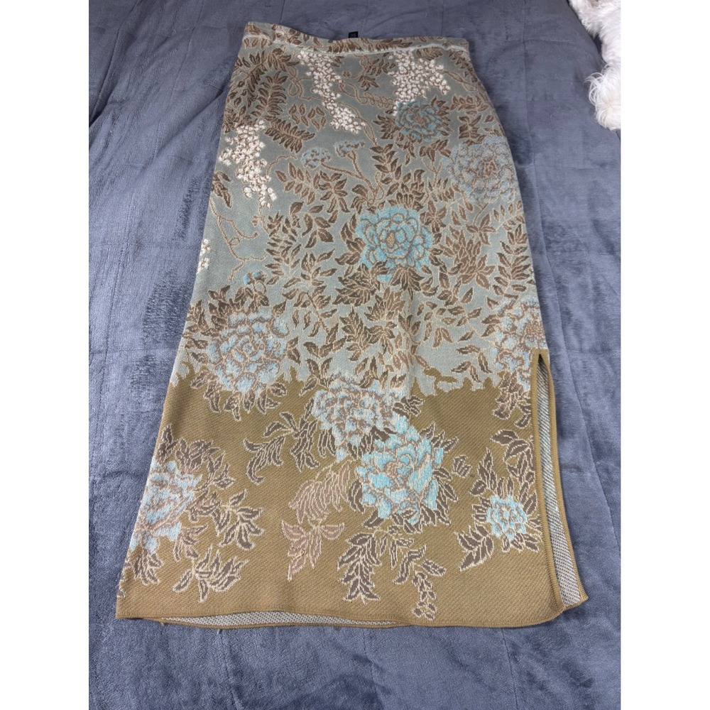 Peruvian Connection Floral Pima Cotton Knit Maxi Skirt Green M Side Slit 6226